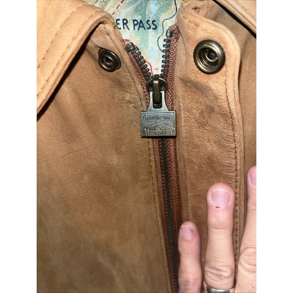 Vintage 90s Marlboro Brown Leather Bomber Jacket With Map Lining Design Men's L - Picture 7 of 11